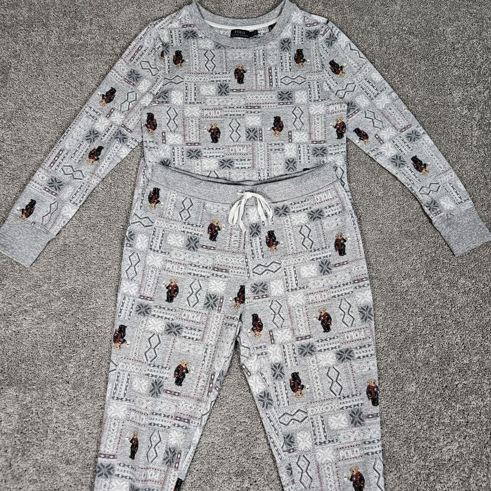 Polo Ralph Lauren Pajama Set Womens (Top XL) (Pants L) Polo Bear Joggers Gray